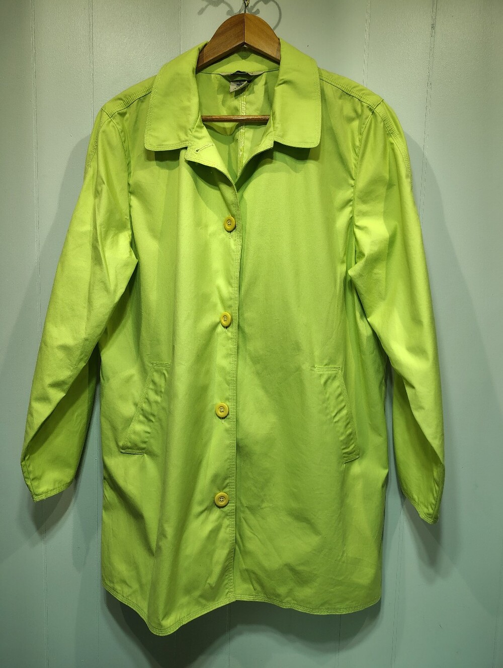 LL Bean Chartreuse Cotton Trench Coat Jacket Green XL Pop of Color Fall